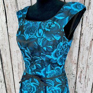 Eshakti Wiggle Midi Dress Blue Black Brocade Cut-out Back SMALL 6